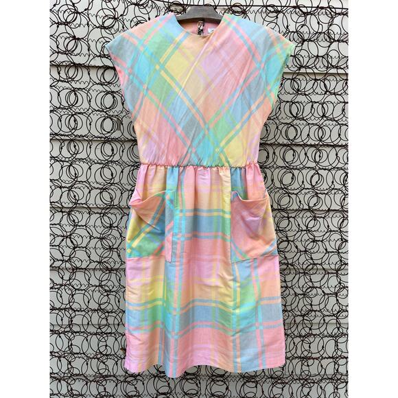 Vintage 80s Malouf Petite Bright Pastel Madras Plaid Dress with Pockets Size 8 - Picture 1 of 8